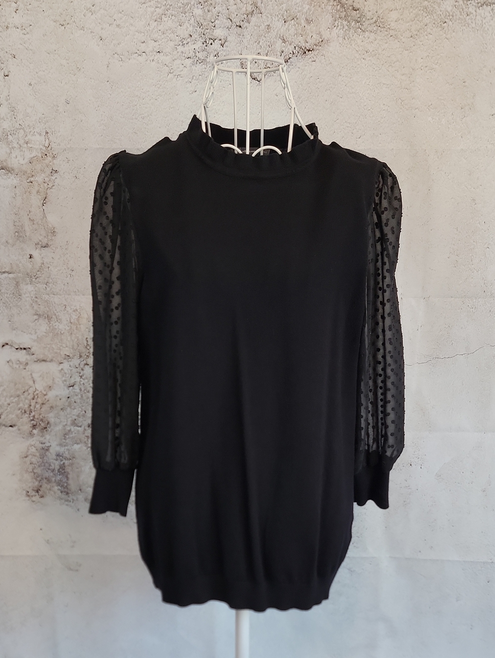 Adrianna Papell Swiss Dot Sheer Sleeve Knit Top - Black Womens Size M